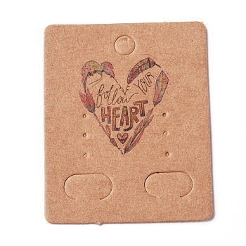 Paper Jewelry Display Cards, for Hanging Earring Display, Rectangle with Heart, BurlyWood, 50x40x0.3mm, Hole: 5.3mm