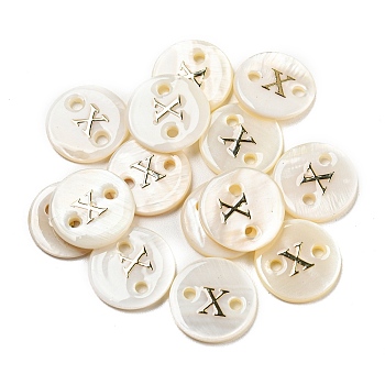 Freshwater Shell Buttons, Flat Round , Letter X, 12x2mm, Hole: 1.6mm