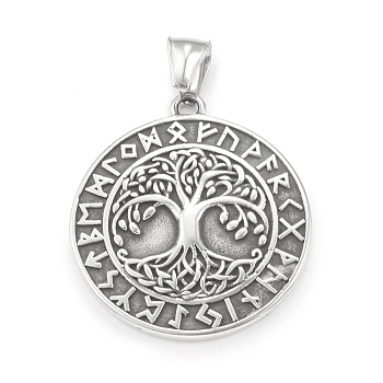 304 Stainless Steel Pendants, Flat Round with Tree of Life & Rune Pattern, Antique Silver, 39x35x5mm, Hole: 4x7mm