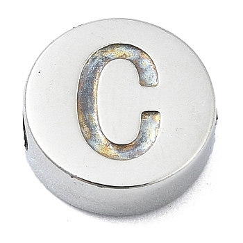 Tarnish Resistant 304 Stainless Steel Beads, Flat Round with Letter, Stainless Steel Color, Letter C, 8x3mm, Hole: 1.6mm