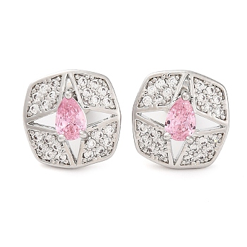 Brass Pave Cubic Zirconia Square Stud Earrings for Women, Platinum, Pearl Pink, 13x13mm