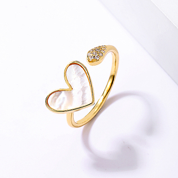 Natural Shell Open Cuff Ring, Golden Stainless Steel Finger Ring, Heart, Inner Diameter: 16~18mm
