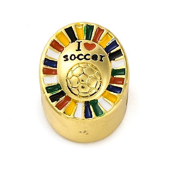 Brass Enamel European Beads, Large Hole Beads, Cadmium Free & Lead Free, Long-Lasting Plated, Real 18K Gold Plated, Oval with I Love Soccer, Colorful, 13x10.5x9mm, Hole: 4.5mm