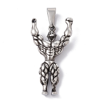 Tibetan Style 304 Stainless Steel Pendants, Bodybuilding Muscle Man Charm, Antique Silver, 42x21.5x6mm, Hole: 9.5x4mm