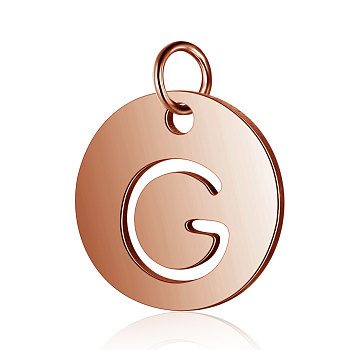 304 Stainless Steel Charms, Flat Round with Letter, Rose Gold, Letter.G, 12x1mm, Hole: 2.5mm