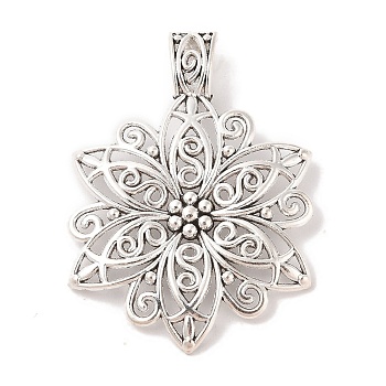 Tibetan Style Alloy Focal Pendants, Lead Free and Cadmium Free, Fancy Filigree Flower, Antique Silver, 64x46.5x1.5mm, Hole: 11x8mm