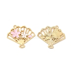 Alloy Enamel Pendants, Cadmium Free & Nickel Free & Lead Free, Golden, Fan with Sakura Charm, Pink, 25x29.5x2mm, Hole: 1.8mm(ENAM-C005-18G)
