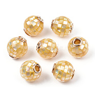 Natural White Shell Beads, with Brass Findings, Round, Dyed, Yellow, 10.5~11x10mm, Hole: 2mm(SSHEL-N034-131I)