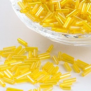 Transparent Colours Rainbow Glass Bugle Beads, AB Color, Yellow, 6x1.8mm, Hole: 0.6mm, 1250pcs/50g(X-TSDB6MM170)