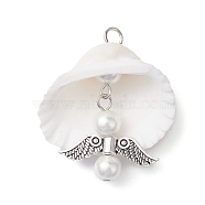 Copper Wire Wrapped Shell Pendants, Angel Charms with Glass Pearl Beads & Alloy Wings, Antique Silver & Platinum, 34x30x13mm, Hole: 3.2mm(PALLOY-JF02710-01)