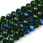 Electroplate Glass Beads Strands, Half Rainbow Plated, Faceted, Rondelle, Dark Green, 6x5mm, Hole: 1mm, about 85~88pcs/strand, 16.1~16.5 inch(41~42cm)(EGLA-A034-T6mm-L27)
