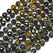 Dyed Natural Yellow & Blue Tiger Eye Beads Strands, with Seed Beads, Faceted, Flat Round, 6~6.5x4mm, Hole: 1mm, about 50pcs/strand, 15.35''(39cm)(G-K389-B28-01)