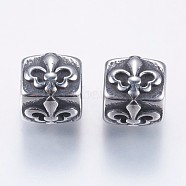304 Stainless Steel Beads, Cube with Fleur De Lis, Antique Silver, 7.5x7x7.5mm, Hole: 3.5mm(STAS-F195-019AS)