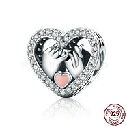 925 Sterling Silver Rhinestone European Beads, Large Hole Beads, Heart with Hands, Platinum, Crystal(CPDL-BB70998-A)