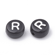 Opaque Acrylic Beads, Letter Style, Horizontal Hole, Flat Round, Letter.R, 7x4mm, Hole: 1.5mm(X-SACR-N002-02R)