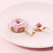 Cotton Crochet Food Keychain, with Iron Key Rings & Lobster Claw Clasps & Bell, Donut, 13x4.8cm(KEYC-PW0002-108H)