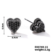 Chic Brass Cubic Zirconia Stud Earrings, Fashionable and Versatile Accessories, Heart, Black, 9x9mm(ZD1304-7)