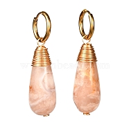 Handmade Cherry Blossom Agate Dangle Hoop Earrings, with 304 Stainless Steel Earring Hoops & 316 Surgical Stainless Steel Pins, Teardrop, Golden, 45~47mm, Pin: 1mm(X1-EJEW-JE04678-01)