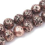 Electroplated Natural Lava Rock Beads Strands, Round, Copper Plated, 16~17mm, Hole: 1~1.5mm, about 25pcs/strand, 15.7 inch(G-N0321-12C)
