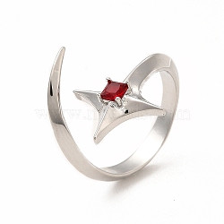 Red Cubic Zirconia Star Open Cuff Ring, Rack Plating Brass Jewelry for Women, Cadmium Free & Lead Free, Platinum, Inner Diameter: 16mm(RJEW-C048-21P)