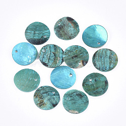 Spray Paint Natural Akoya Shell Pendants, Mother of Pearl Shell Pendants, Flat Round, Dark Turquoise, 15x1~3mm, Hole: 1.1~1.5mm(SHEL-S274-75C-10)