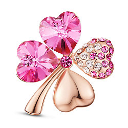 SHEGRACE Alloy Brooch, Micro Pave AAA Cubic Zirconia Four Leaf Clover with Austrian Crystal, Rose, 22x25mm(JBR016D)