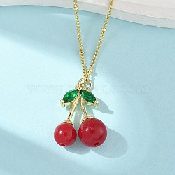 Brass Resin Fruit Cherry Pendant Satellite Chain Necklaces with Green Cubic Zirconia Leaf for Women, Dark Red, Real 18K Gold Plated, 17.87 inch(45.4cm)(NJEW-D306-03G)