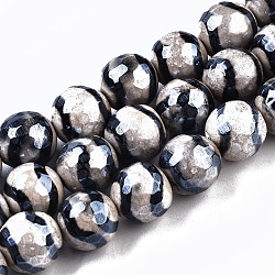 Tibetan Style dZi Beads, Natural Agate Beads Strands,  Dyed & Heated, Pearlized, Round, Faceted, Old Lace, 10mm, Hole: 1mm, about 37~38pcs/strand, 14.57 inch(37cm)(G-S359-257B)