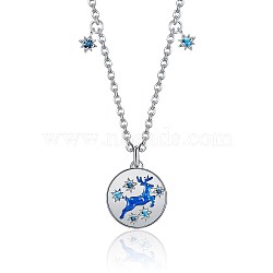 Christmas Theme Brass Pendant Necklaces, with Cubic Zirconia, Cable Chain, Flat Round with Christmas Reindeer/Stag, Blue, Platinum, 16.1 inch(41cm)(NJEW-BB35103)