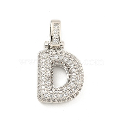 Brass Micro Pave Clear Cubic Zirconia Pendants, Platinum, Letter D, 31x16.5x5mm, Hole: 3x6mm(KK-B099-01P-D)