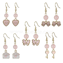 Valentine's Day Alloy Enamel Dangle Earrings with Brass Pins, Mixed Shapes, Pink, 38~45x8~16mm(EJEW-JE05330)