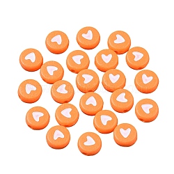 Opaque Acrylic Beads, Flat Round with White Heart, Dark Orange, 7x4mm, Hole: 1.5mm, about 1480pcs/200g(MACR-SZ0001-44B)