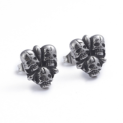Retro 304 Stainless Steel Stud Earrings, with Ear Nuts, Skull, Antique Silver, 12.5x11mm, Pin: 0.7mm(EJEW-L248-028AS)