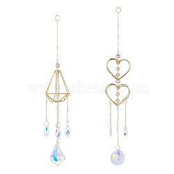 Elecrelive 2Pcs 2 Style Colorful Glass Hanging Crystal Pendant Ornament, with Iron Finding, for Window Home Decoration, Golden, 1pc/style(HJEW-EL0001-17)
