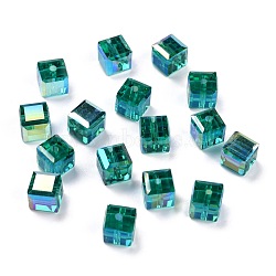 Electroplate Transparent Glass Beads, Faceted Cube, Rainbow Plated, Teal, 6x6x6mm, Hole: 1.8mm(EGLA-B003-01A-13)