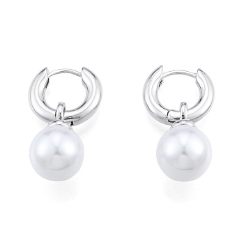 ABS Plastic Pearl Dangle Hoop Earrings, Brass Jewelry for Women, Nickel Free, Real Platinum Plated, 29x16x3.5mm, Pin: 1mm