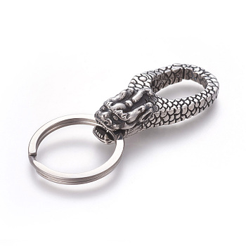 304 Stainless Steel Split Key Rings, Keychain Clasp Findings, Dragon, Antique Silver, 69mm, Ring: 28x2.5mm, 22mm Inner Diameter