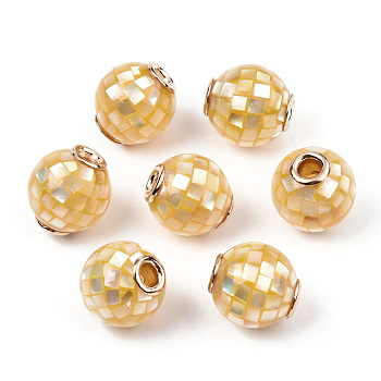 Natural White Shell Beads, with Brass Findings, Round, Dyed, Yellow, 10.5~11x10mm, Hole: 2mm