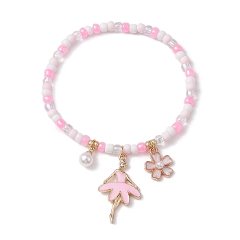 Glass Seed Beaded Stretch Bracelet, with Alloy Enamel Charms, Pink, Inner Diameter: 2-1/4 inch(5.6cm)