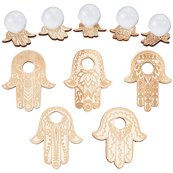 Wood Crystal Ball Display Bases Set, Crystal Sphere Display Stand, Hamsa Hand/Hand of Miriam, BurlyWood, 99.5x76~88x4.5mm, Inner Diameter: 19mm, 5pcs/set