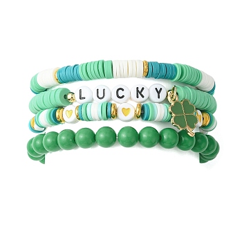 4Pcs 4 Style Word Lucky Acrylic & Brass & Polymer Clay Disc Beaded Stretch Bracelets Set, Clover Alloy Enamel Charm Stackable Bracelets for Saint Patrick's Day, Green, Inner Diameter: 2-1/4~2-1/2 inch(5.8~6.5cm), 1Pc/style