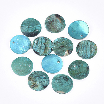 Spray Paint Natural Akoya Shell Pendants, Mother of Pearl Shell Pendants, Flat Round, Dark Turquoise, 15x1~3mm, Hole: 1.1~1.5mm
