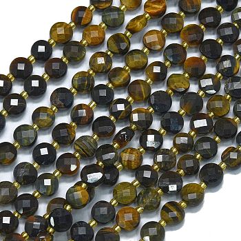 Dyed Natural Yellow & Blue Tiger Eye Beads Strands, with Seed Beads, Faceted, Flat Round, 6~6.5x4mm, Hole: 1mm, about 50pcs/strand, 15.35''(39cm)