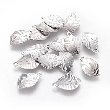 304 Stainless Steel Charms, Leaf, Stainless Steel Color, 13.8x8x0.7mm, Hole: 1mm