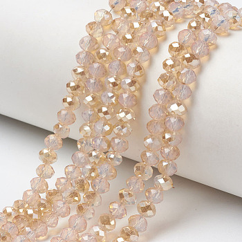 Electroplate Glass Beads Strands, Imitation Jade Beads, Half Plated, Rainbow Plated, Faceted, Rondelle, PeachPuff, 8x6mm, Hole: 1mm, about 65~68pcs/strand, 15.7~16.1 inch(40~41cm)