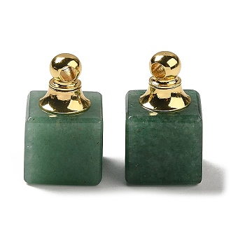 Natural Green Aventurine Perfume Bottle Pendants, Square Charms with Golden Plated 304 Stainless Steel Findings, 19x12x12mm, Hole: 2mm
