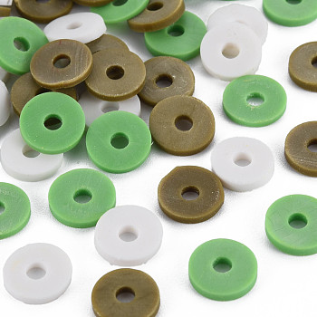 3 Colors Handmade Polymer Clay Beads, Heishi Beads, Disc/Flat Round, Olive & Dark Sea Green & White, 8x0.5~1.5mm, Hole: 2mm, about 11500pcs/1000g