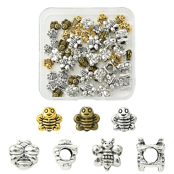 50Pcs 5 Styles Tibetan Styles Zinc Alloy Beads, Bees, Mixed Color, 9~11x9~12x4~10mm, Hole: 1~5mm, 10pcs/style