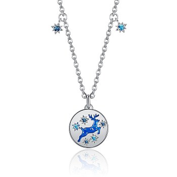 Christmas Theme Brass Pendant Necklaces, with Cubic Zirconia, Cable Chain, Flat Round with Christmas Reindeer/Stag, Blue, Platinum, 16.1 inch(41cm)