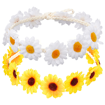 2Pcs 2 Colors Cloth Small Sunflowe Wreath Headband, Bohemian Ethnic Wind Braided Hair Accessories for Women Girls, Mixed Color, 790mm, 1pc/color